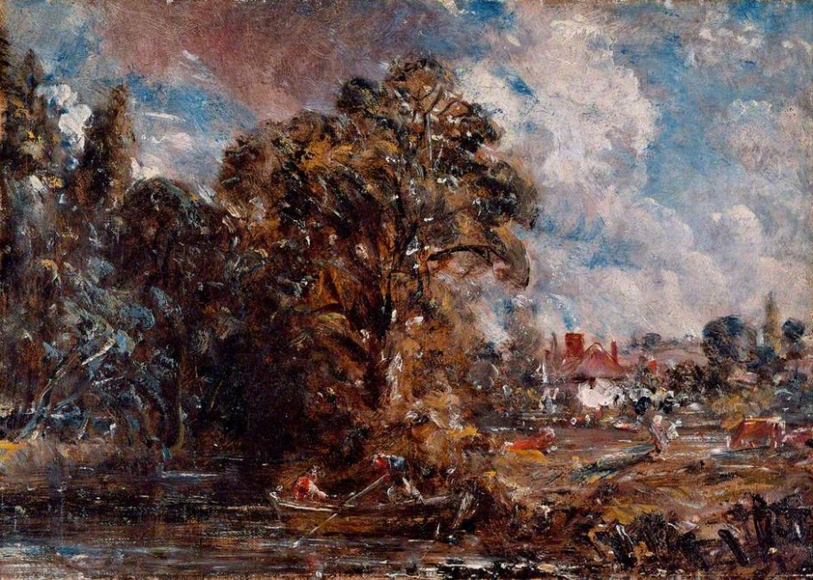 A River Scene With A Farmhouse Near The Waters Edge ..