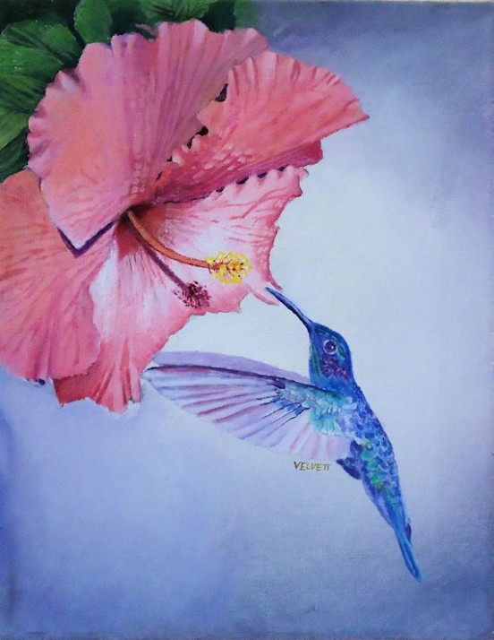 Fine Art Acrylic Painting: A Luminous Hummingbird In Blues ..