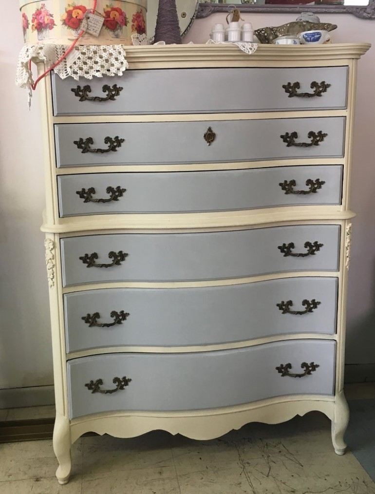 French Provincial Dresser With 8 Drawers In Paris Gray And Old Ochre Chalk Paint Shabby Chic Bureau High Boy Gray White Buy Annie Sloan Chalk Paint Online Nz