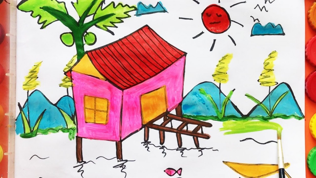 How To Draw House Near River And Mountain For Kids | Boong ..