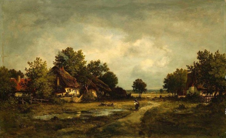 Landscape With Figure Near Pond And Cottages Painting ..