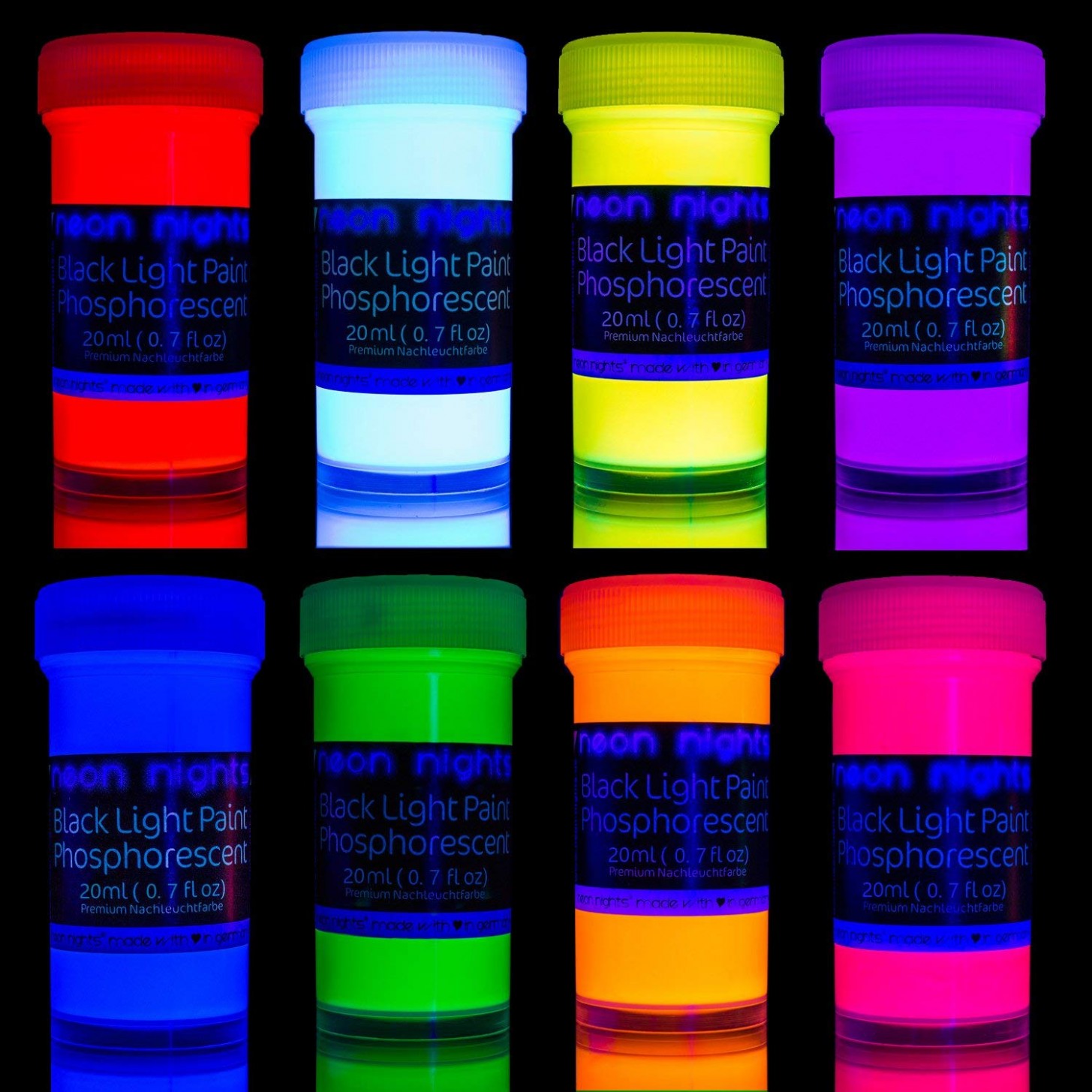 Premium Glow In The Dark Paint Set By Neon Nights – Set Of 7 Professional Grade Neon Paints – Long Lasting Self Luminous Paint Handcrafted In Germany ..