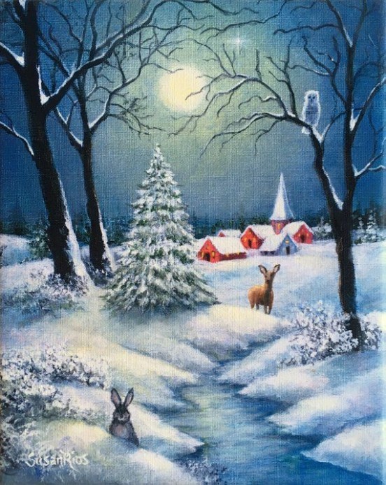 Snow Landscape, Full Moon Landscape Painting, Winter Night ..