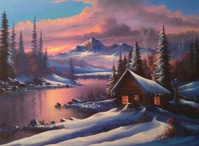 Sunset Winter Cabin Painting | Winter Painting, Mountain ..
