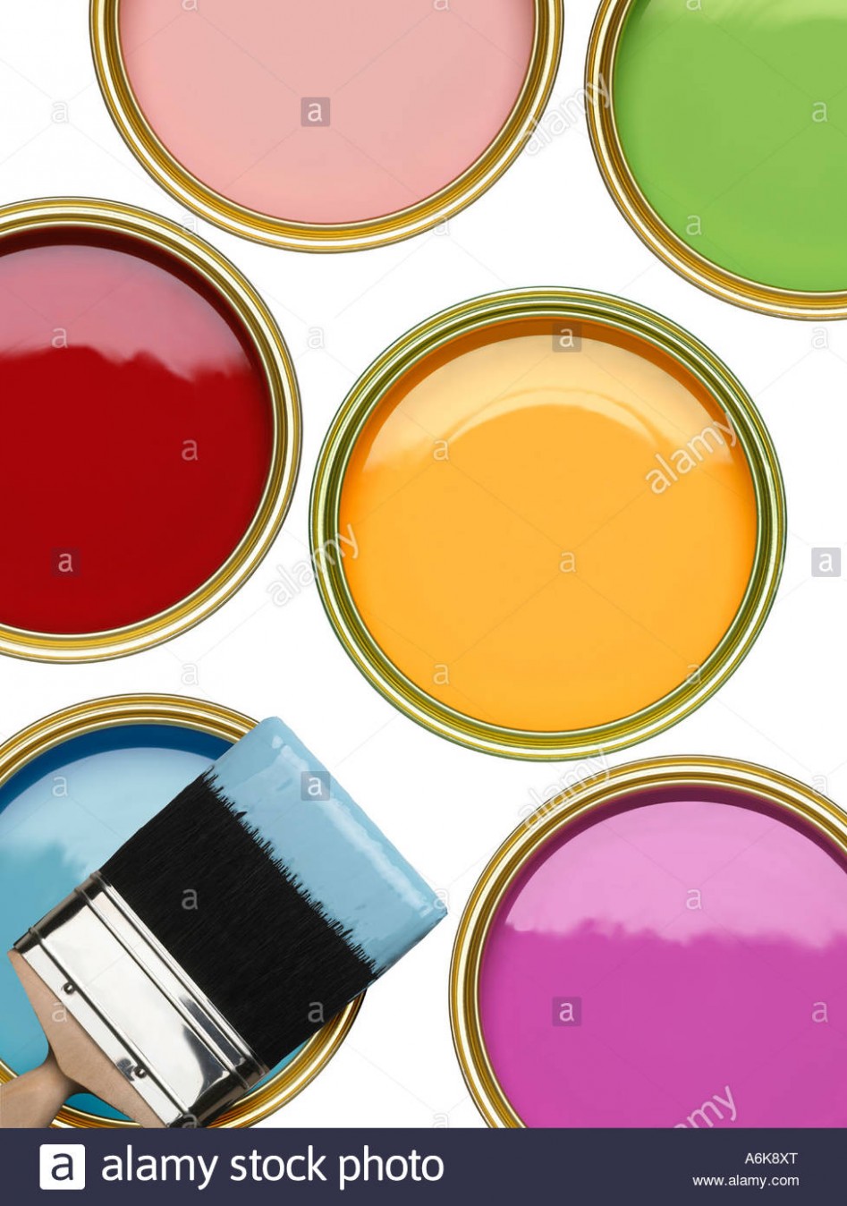 Tins Of Blue Green Pink Red Yellow And Purple Paint With Brush On ..