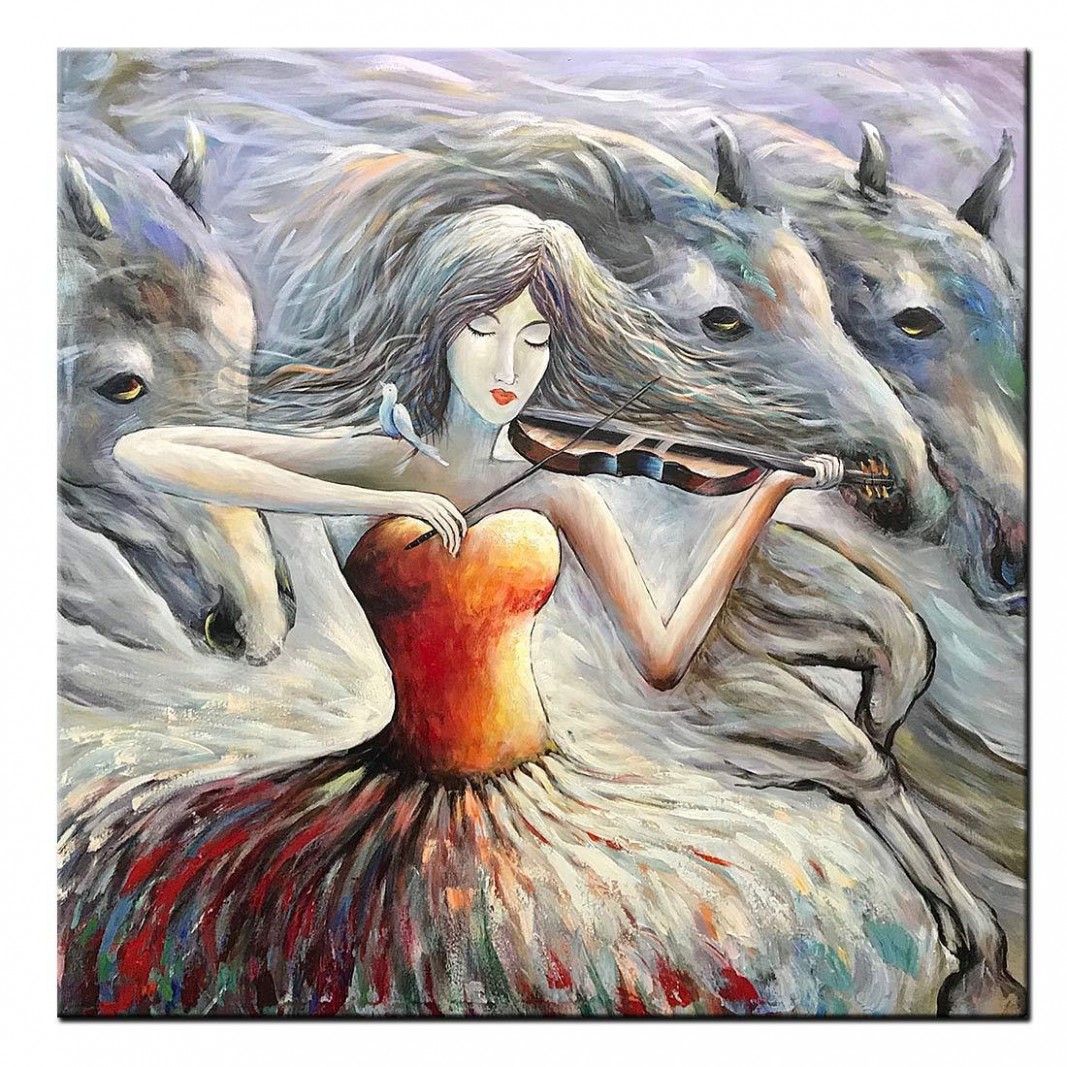 Violin Girl Oil Paintings Red Gray Modern Abstract Horse Artwork Painting Cl Near Me For S