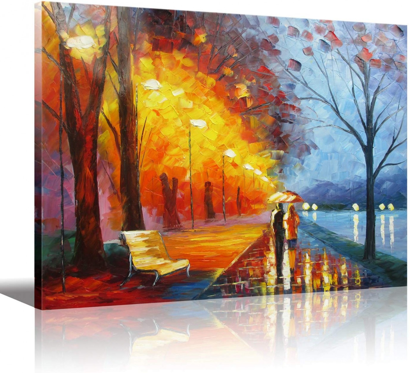 Wooden Framed Hd Romantic Painting"lovers Walk On The Side Of The Lake" Prints On Canvas,palette Knife Stretched Ready To Hang Blue Red Yellow Etc ..